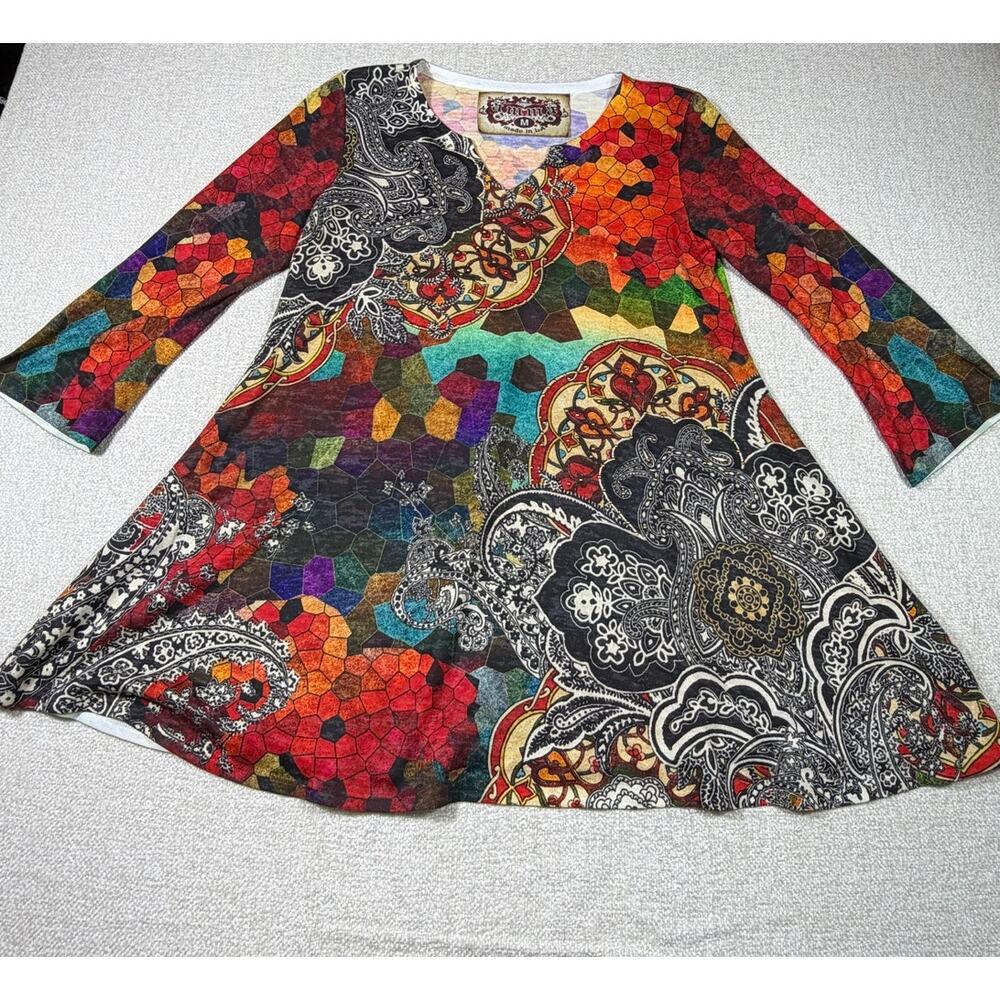 AMMA Women Medium Red Orange Geometric Print Lagen Look Tunic Shirt Top